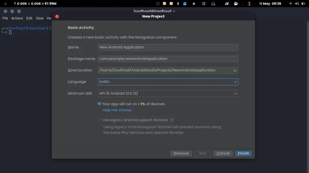 Creating a new android application project using Android Studio installed in Kali Linux
