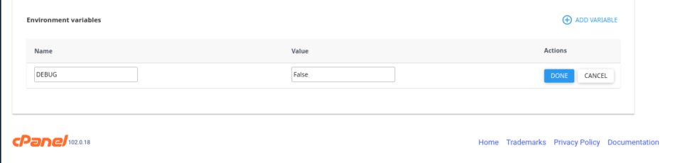 Filling in environment variable names and values on cPanel