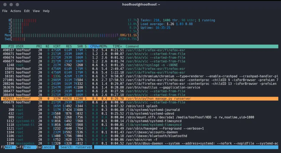 How to search a background process using htop on Linux